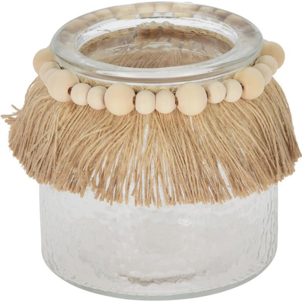 Windlicht glas met raffia en kralen 11cm