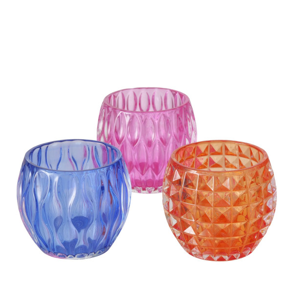 Theelichthouder glas h8,5cm 3 assorti