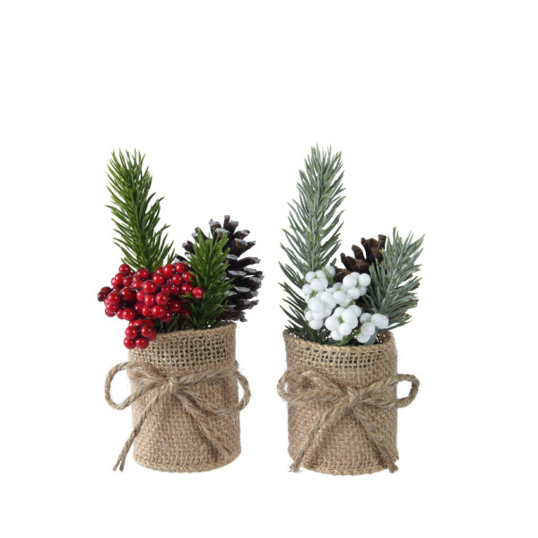 Kunst kerststukje in jute pot Ø5xH15cm