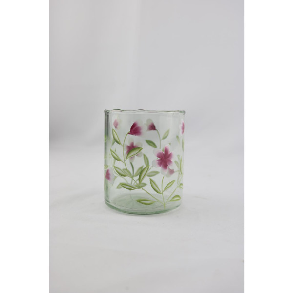 Windlicht glas met roze bloemen 9x9x11cm