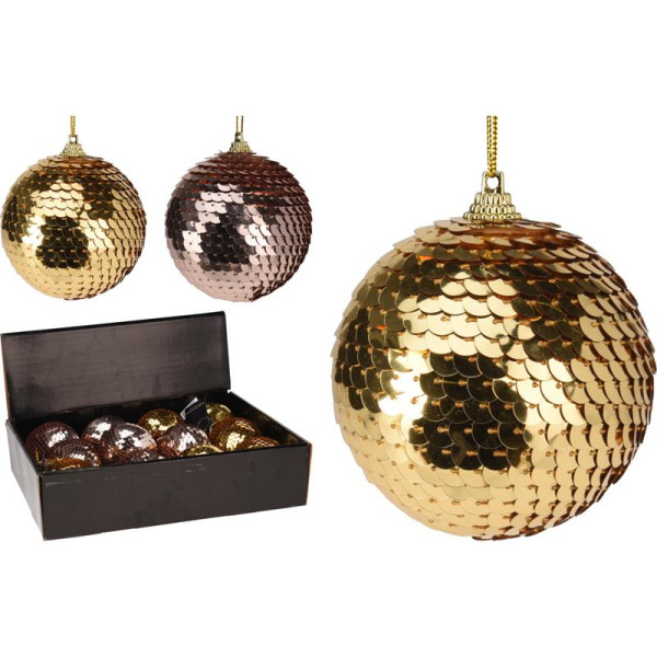 Kerstbal pailletten 7cm goud/roze